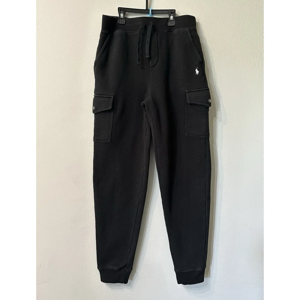 Polo Ralph Lauren Boys Fleece Cargo Joggers Black Pant Youth Size L White Pony